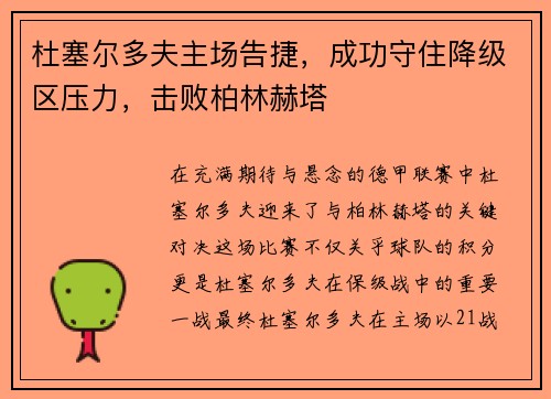 杜塞尔多夫主场告捷，成功守住降级区压力，击败柏林赫塔